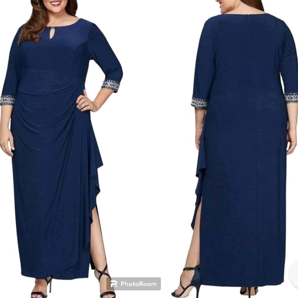 NWT Alex Evenings Size 14 Blue Rhinestone Cuff Ruched Side Jersey Knit Maxi Gown